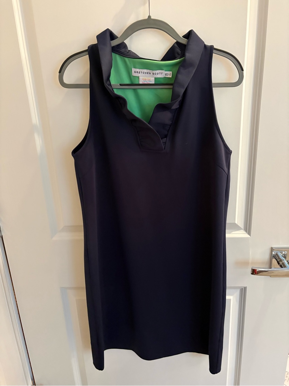 Gretchen Scott Designs Navy Shift Dress with Green Lining and Ruffle V-Neck